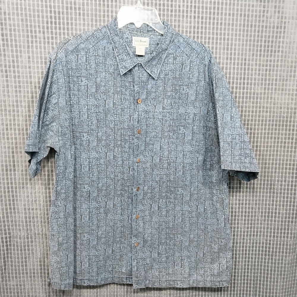 LL Bean Button Up Shirt Mens Mayan Aztec Print Large Blue Short Sleeve Cotton